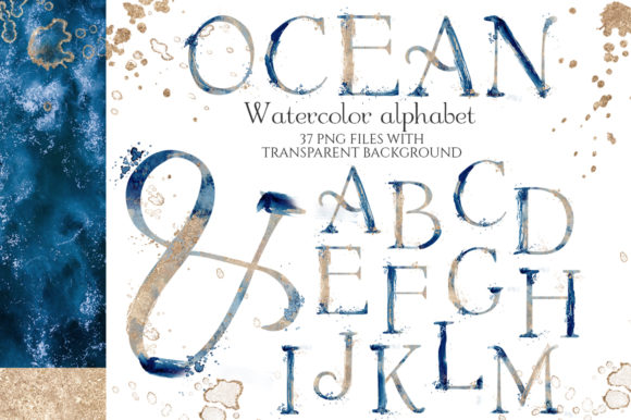Abstract Watercolor Blue Gold Alphabet: A Versatile Resource for Creative Projects